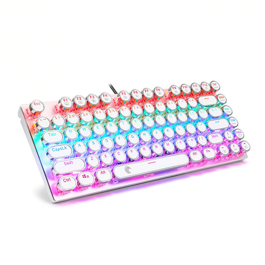 HUO JI E-Yooso Z-88 Typewriter Mechanical Keyboard, Rainbow LED Backlit, Vintage Retro Style, Brown Switches, Compact 81 Keys for PC, Mac, White