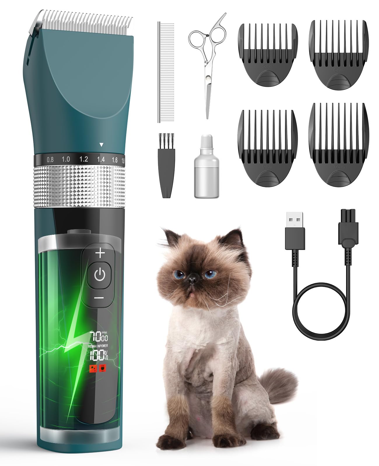 oneisall Cat Clippers for Matted Hair, 5-Speed Quiet Cat Grooming kit, Cordless Pet Shaver for Long Hair,Waterproof Pet Hair Trimmer, Pet Clippers for Cats(Green)