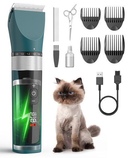 oneisall Cat Clippers for Matted Hair, 5-Speed Quiet Cat Grooming kit, Cordless Pet Shaver for Long Hair,Waterproof Pet Hair Trimmer, Pet Clippers for Cats(Green)