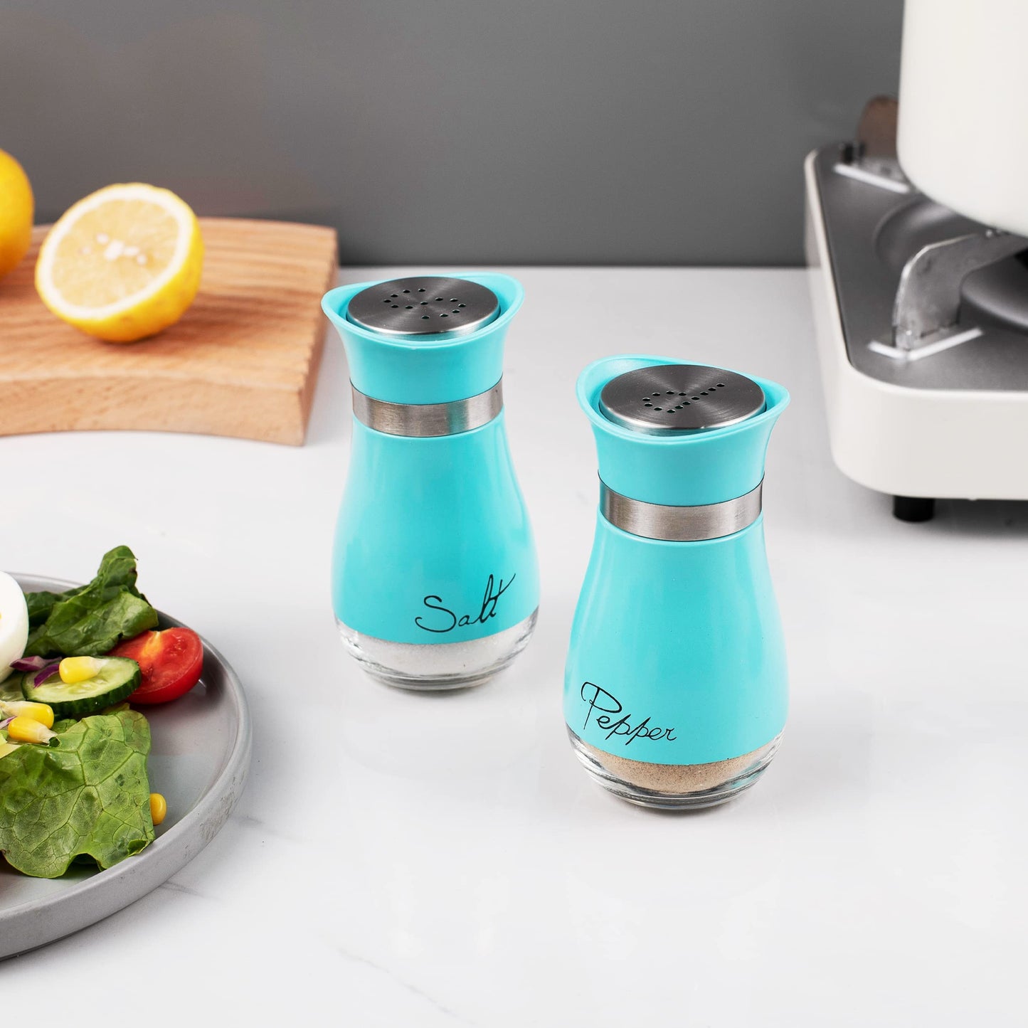 Lonffery Salt and Pepper Shakers, Stainless Steel and Glass Bottle, Set of 2, Turquoise