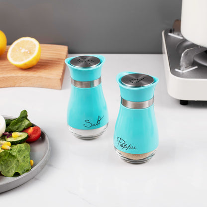 Lonffery Salt and Pepper Shakers, Stainless Steel and Glass Bottle, Set of 2, Turquoise