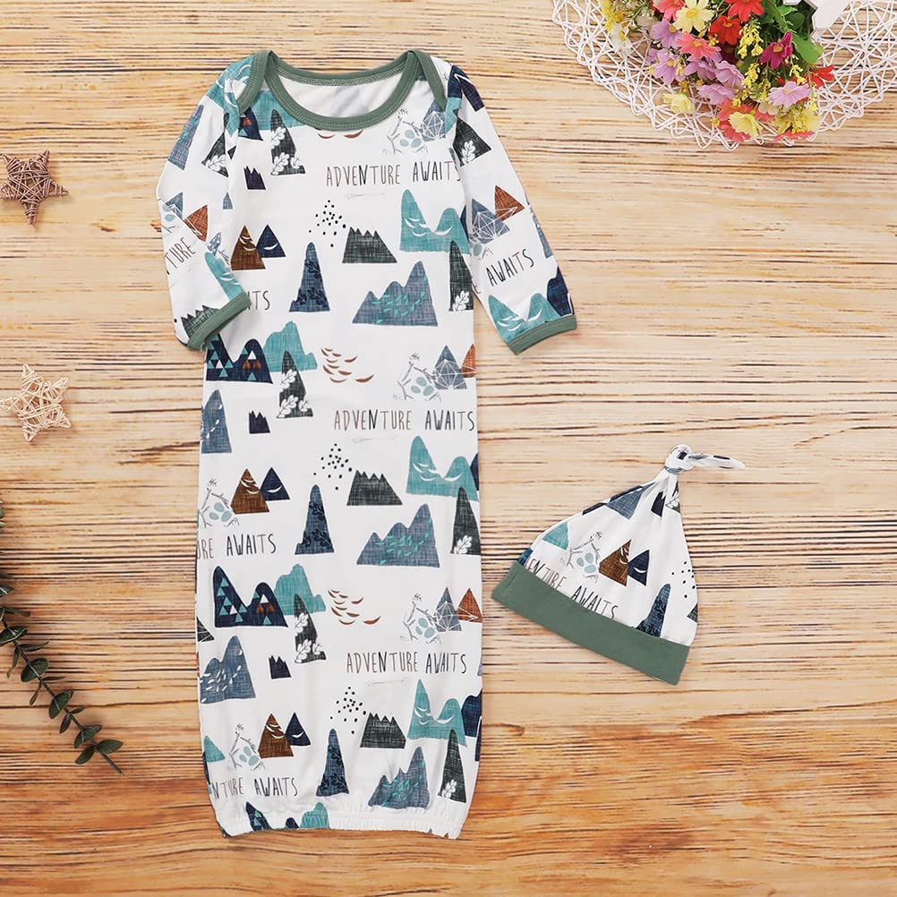 AMAWMW Newborn Baby Boys Girls Cartoon Sleeper Gown Long Sleeve Mountain Nightgown Hat Outfits (Cartoon Mountain, 0-6 Months)