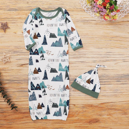 AMAWMW Newborn Baby Boys Girls Cartoon Sleeper Gown Long Sleeve Mountain Nightgown Hat Outfits (Cartoon Mountain, 0-6 Months)