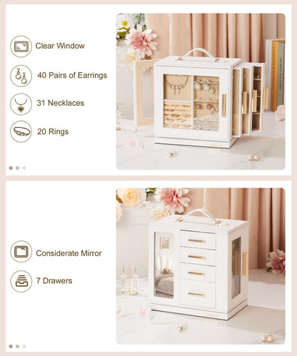 Homde Jewelry Box 360° Rotating, Necklace Earring Organizer with Transparent Window, Mirror, 7 Drawers, Large Ring Display Storage Case for Girls Women (White)