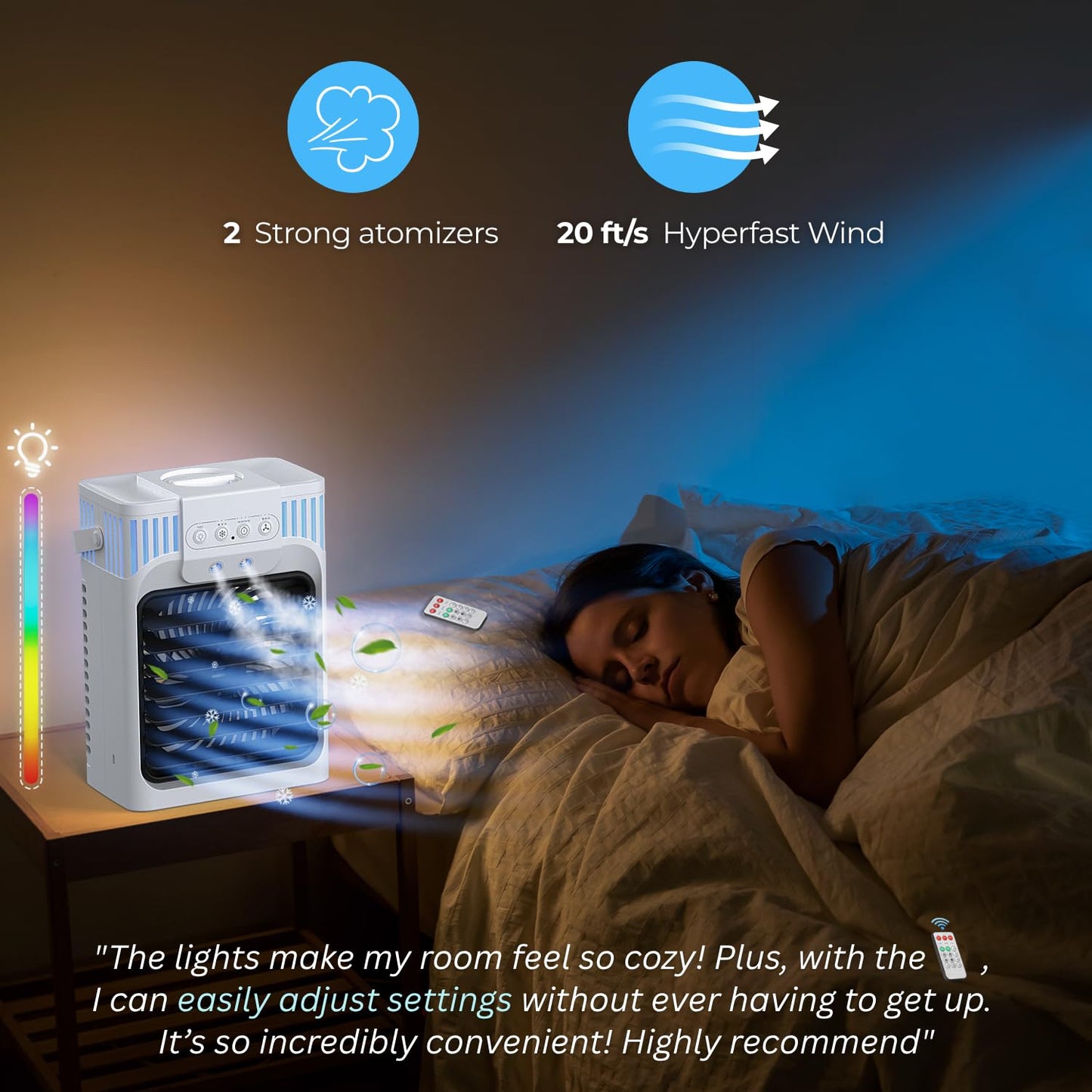 Portable Air Conditioners, 3 Speeds, 3 Mist Settings, 40oz XL Water Tank, 2~8h Timer & 7-color Ambient Lights, Air Conditioner Portable, Personal Small Mini Air Conditioner Air Cooler for Room Bedroom