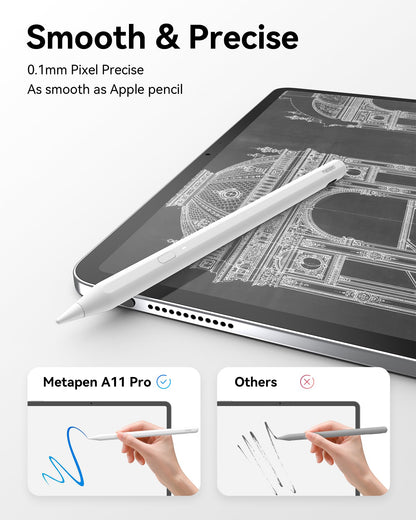 Metapen Pencil A11 for iPad 6th-11th, Quick Button & Bluetooth, 2X Fast Charge Stylus Pen for 2018-2025 Apple iPad a16/11/10/9/8/7/6th Gen, Pro 12.9/11/13-inch M4, Air3/4/5/M2/M3, Mini 5/6th