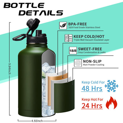 64oz Insulated Water Bottle with Straw & Auto Spout Lid - (Cold 48H & Hot 24H) Half Gallon Stainless Steel Water Jug with Paracord Handle, Metal Tactical Military Water Flask with Carrier Strap Bag
