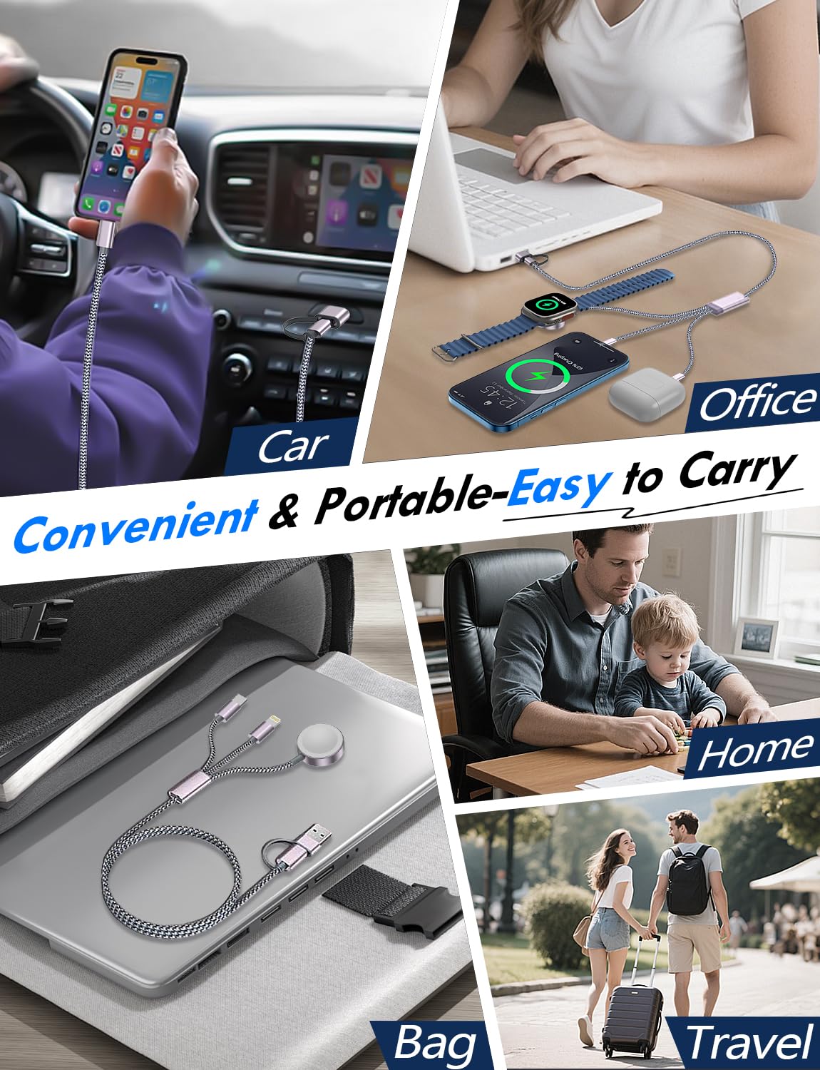 2Pack Multi Fast Charging Cable for Travel Vacation Essentials,Apple Watch Charger,iPhone Charger [3-in-2] USB A/Type C/Lightning Cable for iWatch,iPhone 16-11,Nintendo Switch,Airpods,Car,Camping-4FT