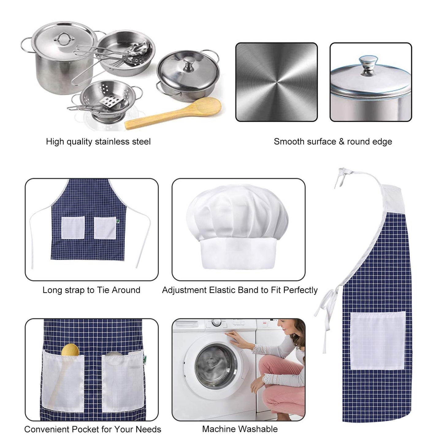 KODATEK Play Kitchen Accessories, Kids Kitchen Pretend Play Toys, Kitchen Set with Stainless Steel Cooking Utensils Cookware Pots and Pans Set Healthy Vegetables, Knife, Apron, Little Chef Boys Girls