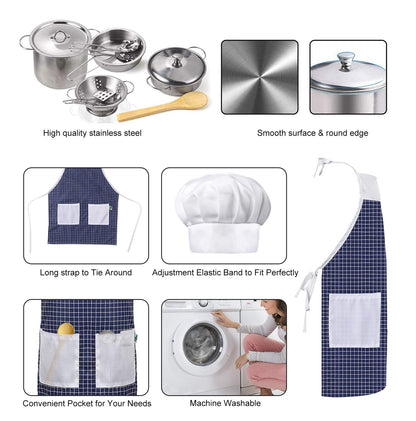 KODATEK Play Kitchen Accessories, Kids Kitchen Pretend Play Toys, Kitchen Set with Stainless Steel Cooking Utensils Cookware Pots and Pans Set Healthy Vegetables, Knife, Apron, Little Chef Boys Girls