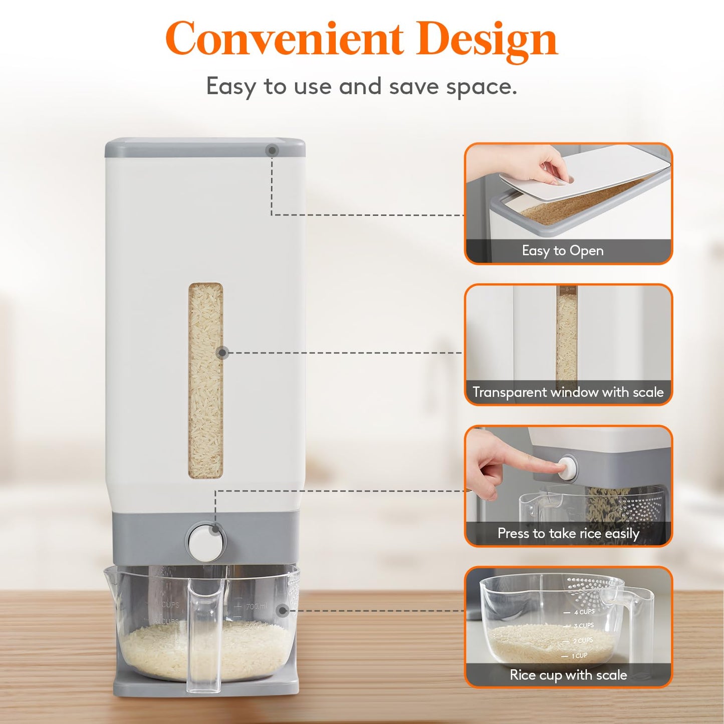 Lifewit Rice Dispenser 25 Lbs(11.3kg), Rice Storage Container Sealed Moisture Proof with Measuring Cup for Kitchen Pantry Household, BPA-Free