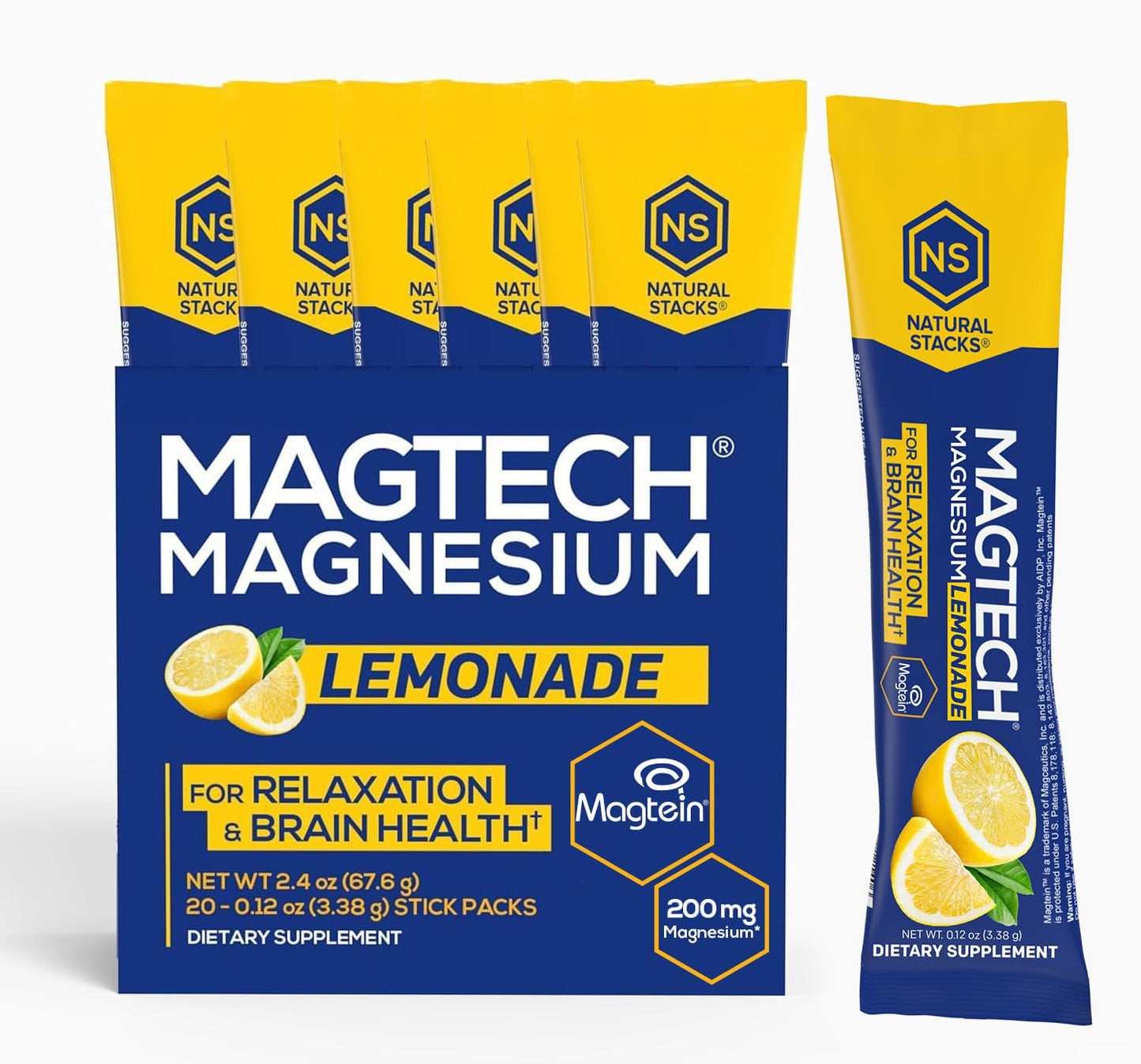 MagTech Magnesium Drink Mix - Sugar Free Lemonade - 3 Forms of Magnesium: Magtein L-Threonate, Glycinate & Taurate - 200mg Chelated Magnesium Complex - Supports Relaxation & Brain Health - 20 Servings