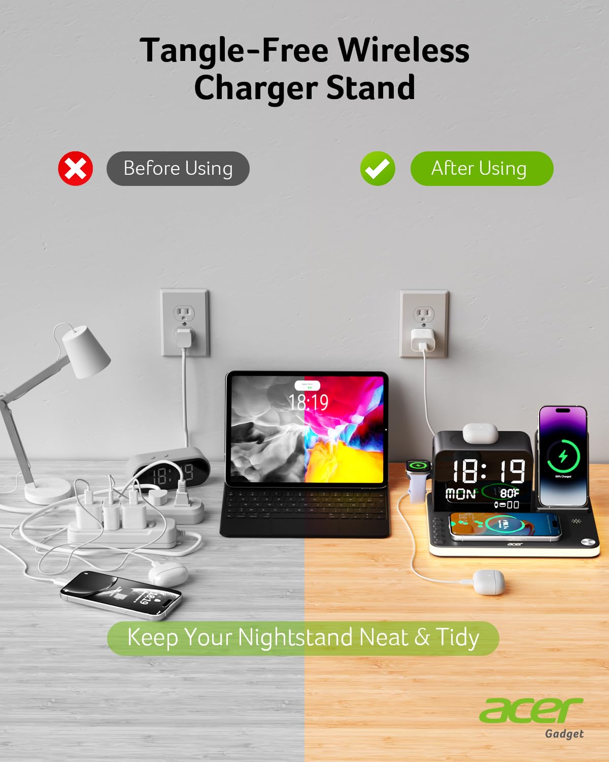 acer 7-in-1 Wireless Charging Station: Charger Stand for Multiple Devices for Apple - iPhone 16 15 14 13 12 Pro Max Apple Watch Airpods, Wireless Charger iPhone Charging Station with Bluetooth TimeSyn