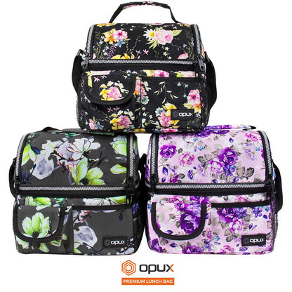 opux Lunch Bag Women Insulated, Adult Lunch Box Cooler, Flower Lunch Box, Dual Compartment Lunchbox for Work, Leakproof Double Decker Lunch Bag, Soft Lunch Pail Tote Girls Kids School, Floral Purple