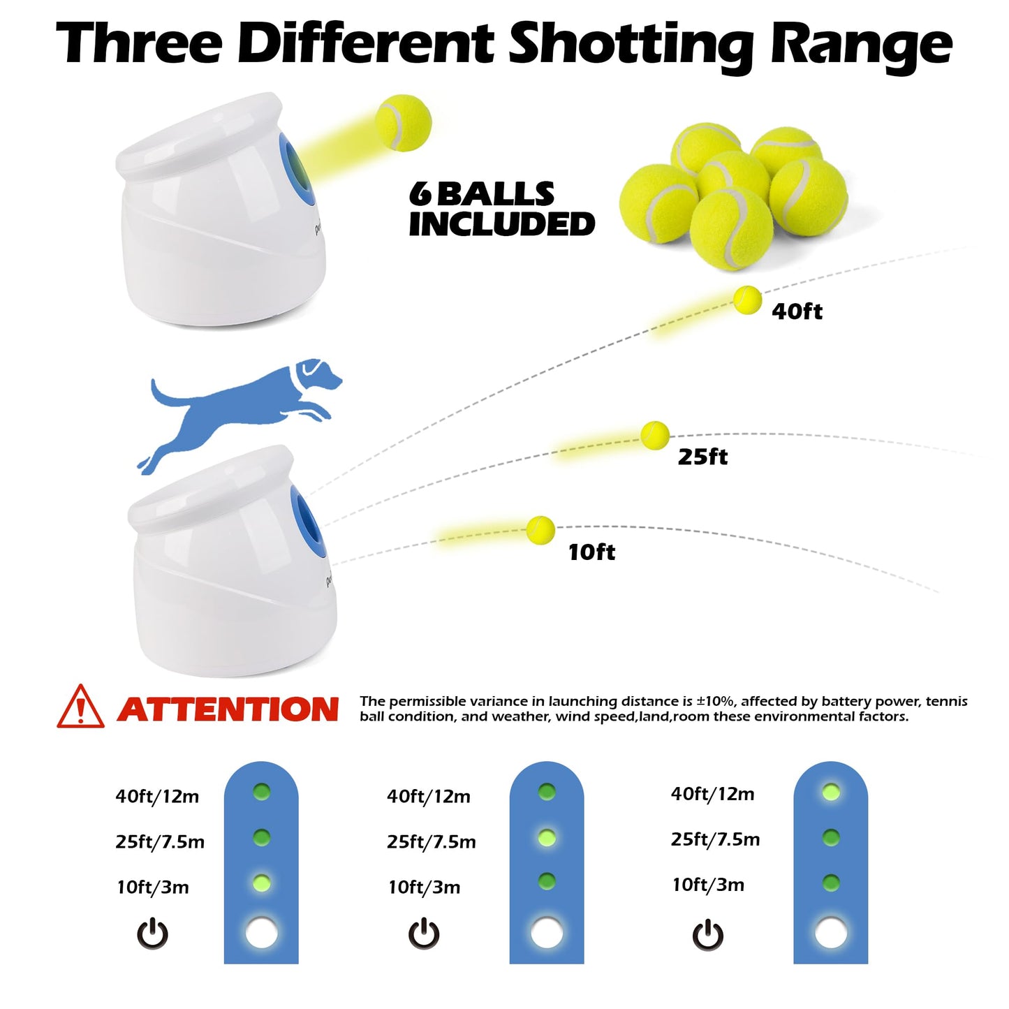 Pet Prime Dog Automatic Ball Launcher for Large Dogs Ball Thrower Machine Outdoor Indoor Use Interactive Dog Toy Adjustable Distance 10-40ft - Included 6 PCS 2.5” Tennis Balls and a Whistle