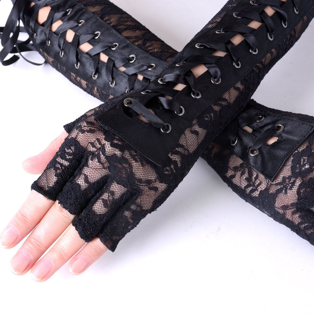 JISEN Women Nylon Elbow Lace-up Fashion Costume Gloves Black 14 inch
