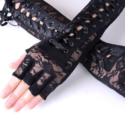 JISEN Women Nylon Elbow Lace-up Fashion Costume Gloves Black 14 inch