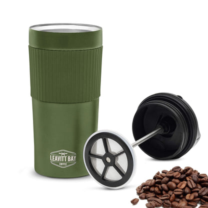 Portable French Press Travel Mug – Insulated Stainless Steel French Press Mug for Hot or Cold Brew – Durable Travel Coffee Maker – On-the-Go Tea & Coffee Maker (Army Green)