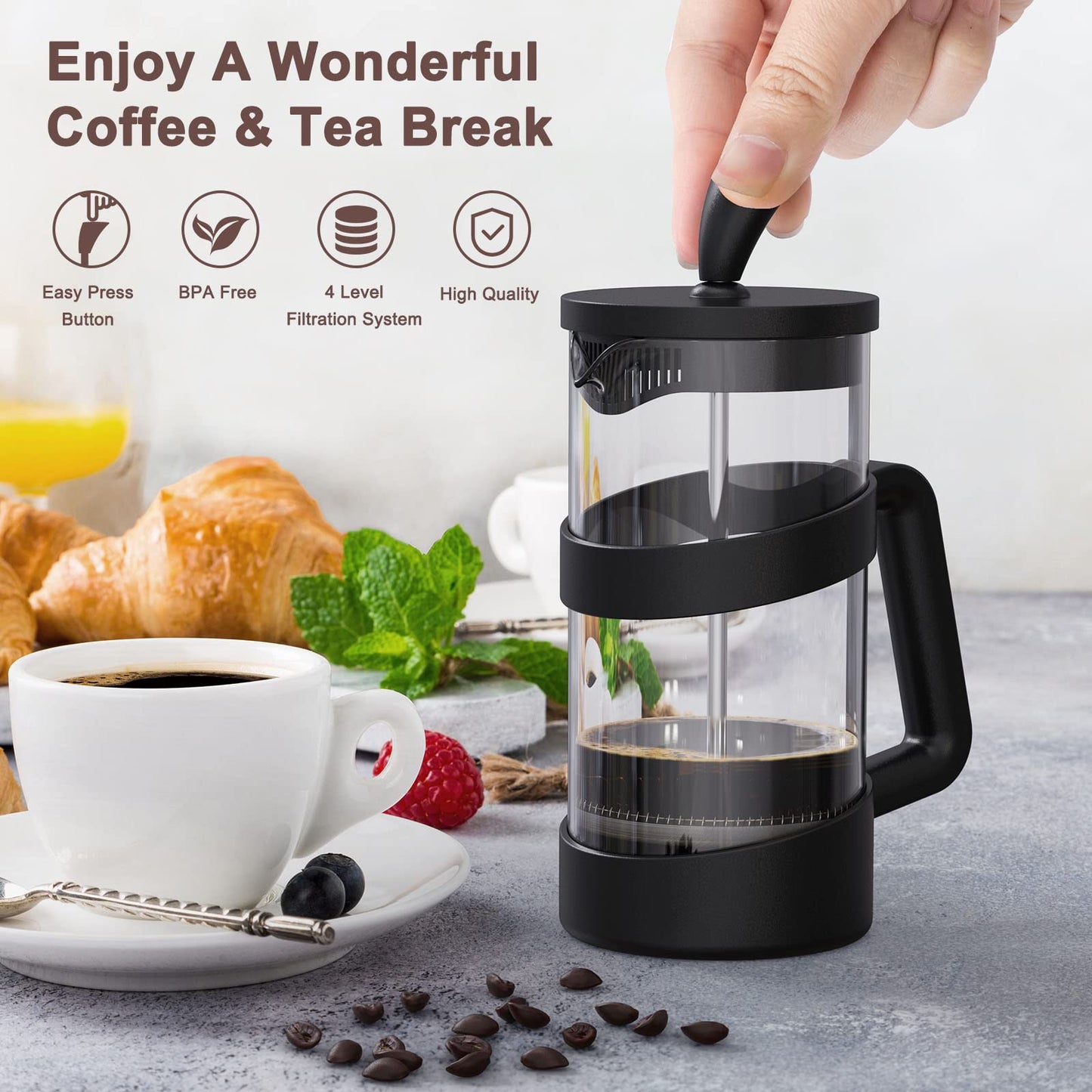 RAINBEAN Mini French Press Coffee Maker, 12 oz, Camping Coffee Press Pot, Small French Press, Tea and Frothed Milk Press (Black, 12 oz)