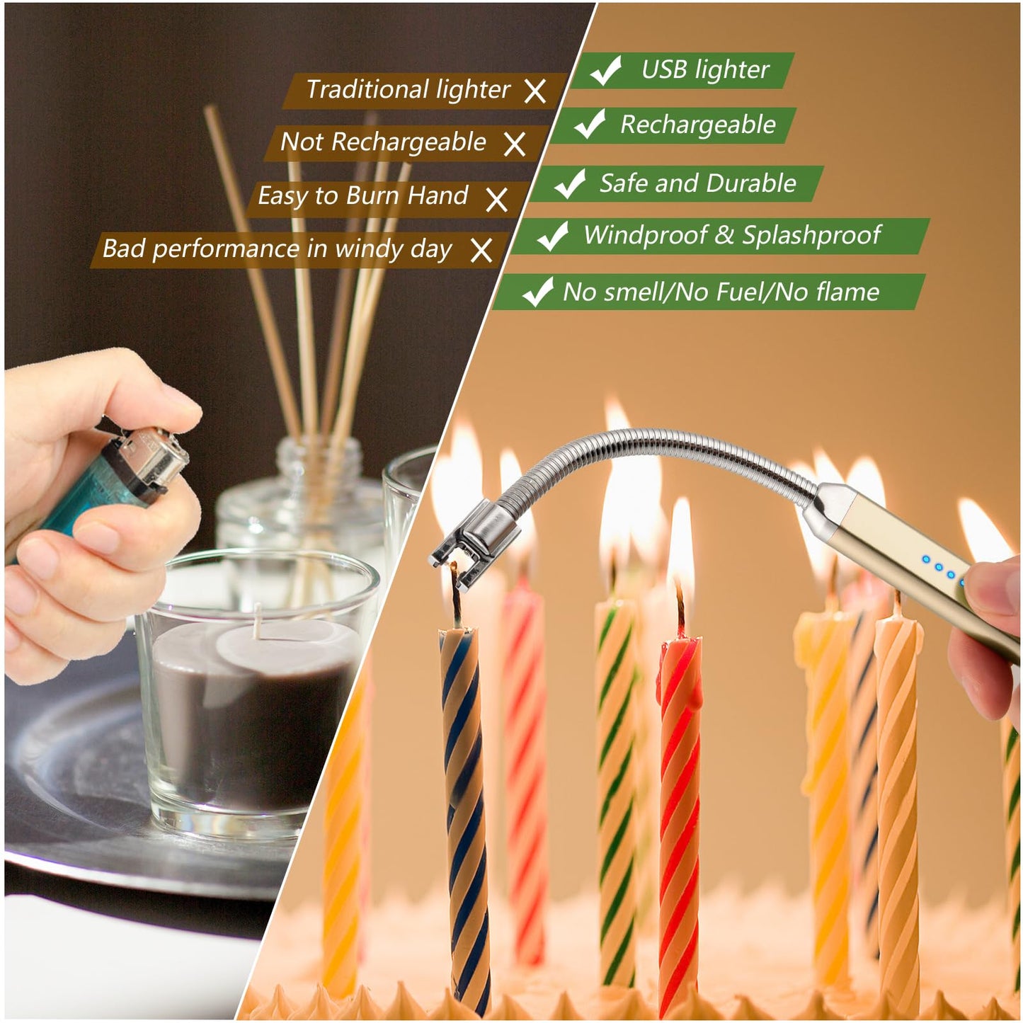 MEIRUBY Lighter Electric Candle Lighter Birthday Women's Day Gifts for Women Mom Wife Men, Long Electronic Rechargeable USB Lighter Arc Windproof Flameless Lighters for Candle Camping BBQ (Gold)