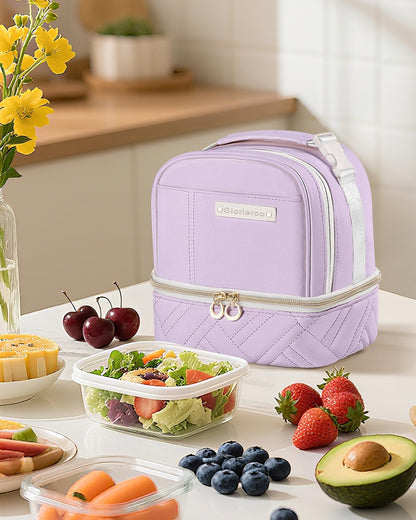 GLORIEROO Lunch Box Bag Women Girls - Double Deck Vegan Leather Insulated Waterproof Leakproof Cooler for Work Travel Picnics - Back to School Teacher Mothers Day Christmas Birthday Gifts