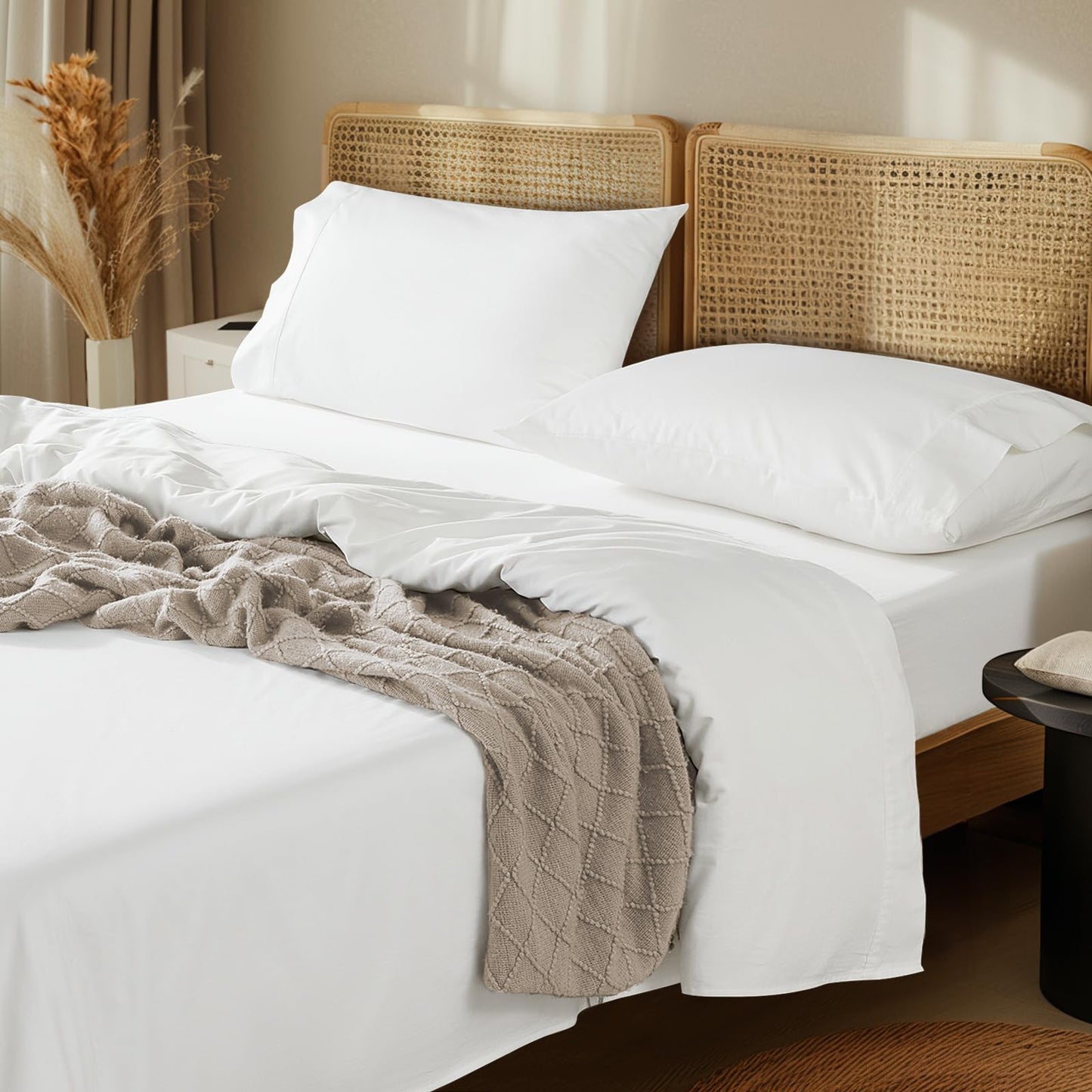 LBRO2M 100% Egyptian Cotton Sheets Set 1000 Thread Count,Queen Size Bed Sheet 4 Piece Sets,Long Staple,16 Inches Deep Pocket,All Season,Bedding Super Soft Breathable,Sateen Weave(White)