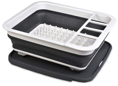 Masirs Pop-Up Collapsible Dish Drying Rack: Convenient Storage, Drains into Sink, Eight Large Plate Capacity, Sectional Cutlery and Utensil Compartment. Compact and Portable Design.
