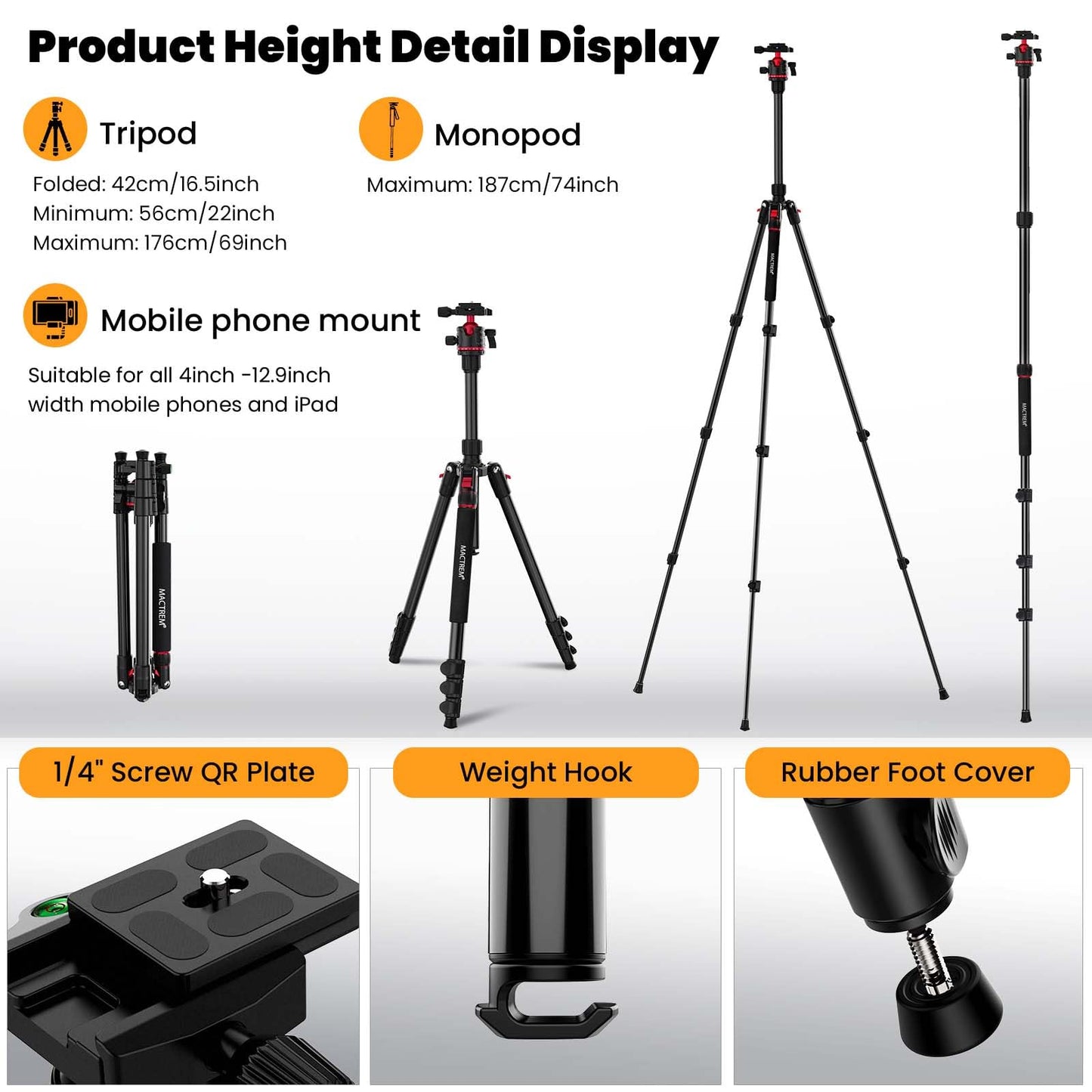MACTREM Camera Tripod, 67 inch/172cm Aluminum Travel Tripod & Monopod with 360°Ball Head, Lightweight Camera Stand for Smartphone iPad Canon Nikon Sony Binoculars Laser Level Telescope