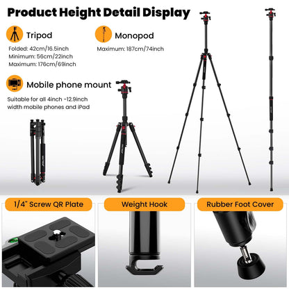 MACTREM Camera Tripod, 67 inch/172cm Aluminum Travel Tripod & Monopod with 360°Ball Head, Lightweight Camera Stand for Smartphone iPad Canon Nikon Sony Binoculars Laser Level Telescope