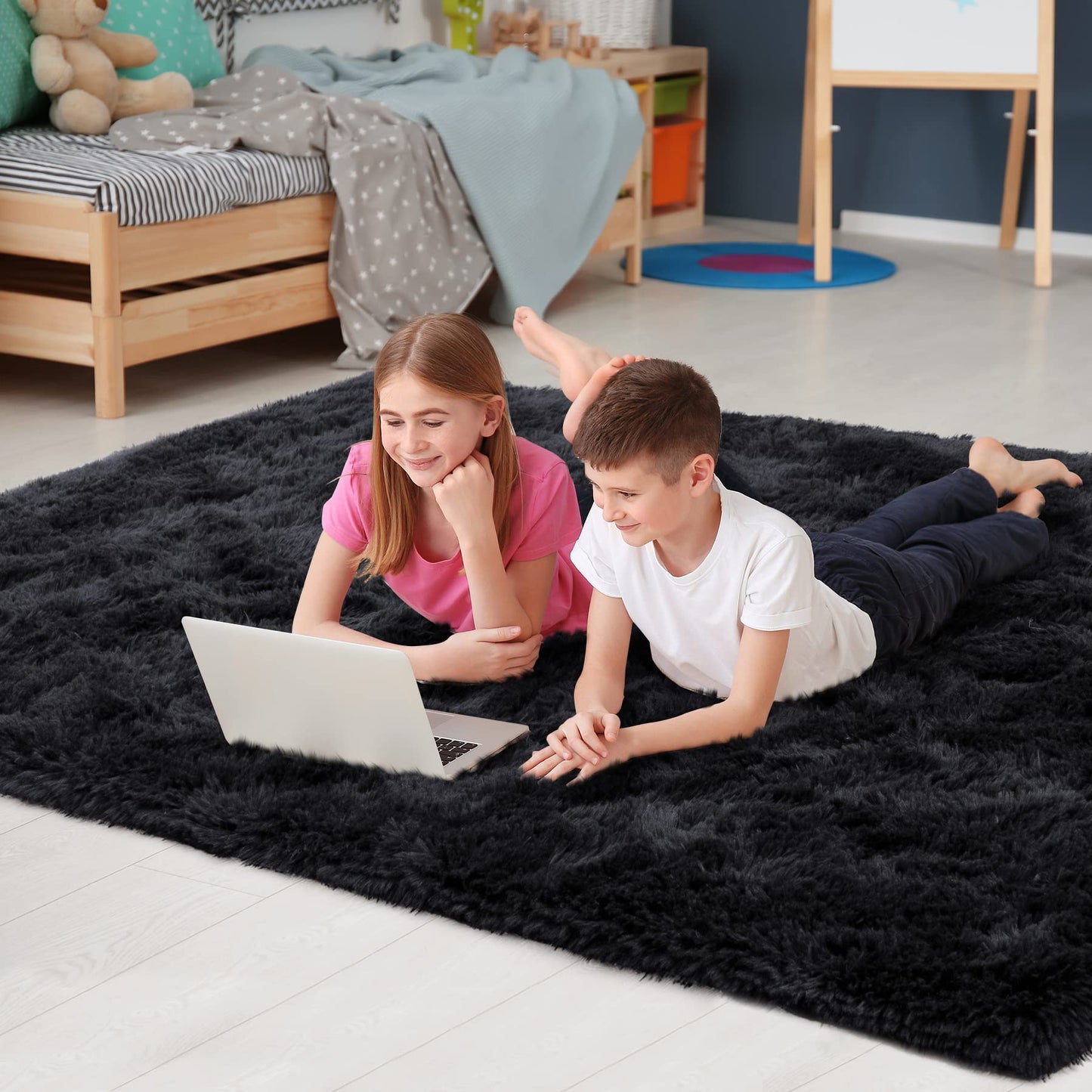 Noahas Fluffy Black Area Rugs for Bedroom Living Room,4x5.3 Feet Thick Shag Throw Floor Carpet,Soft Shaggy Non-Slip Plush Dorm Nursery Kids Rug Home Decor Aesthetic