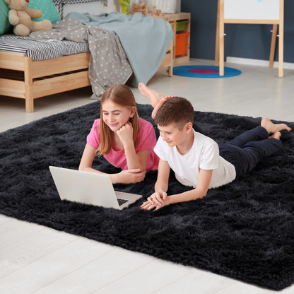 Noahas Fluffy Black Area Rugs for Bedroom Living Room,4x5.3 Feet Thick Shag Throw Floor Carpet,Soft Shaggy Non-Slip Plush Dorm Nursery Kids Rug Home Decor Aesthetic