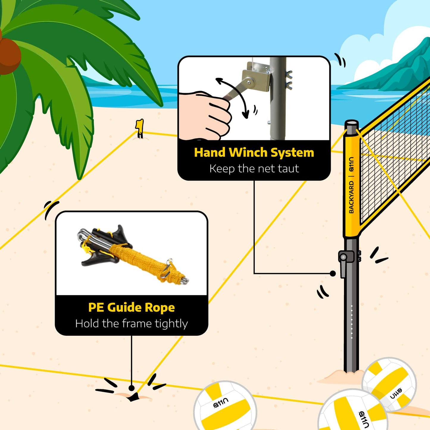 A11N Outdoor Volleyball and Badminton Combo Set - Includes Adjustable Height Anti-Sag Net, Volleyball, Air Pump, 4 Badminton Rackets, 2 Shuttlecocks, Boundary Line Marker, and Carrying Bag