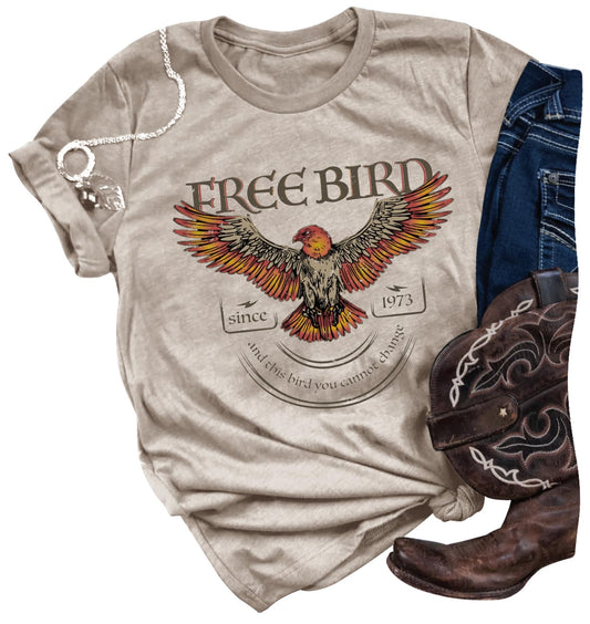 Graphic Tees for Women Vintage Band Graphic T Shirts Summer Short Sleeve Rock Band T Shirts Casual Country Concert Tops (L, Bird-Cream Grey)