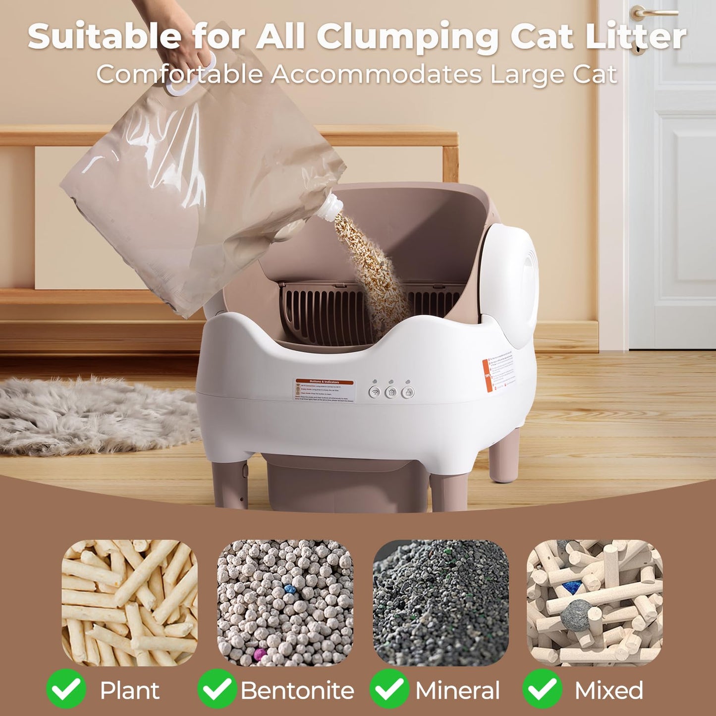 KITPLUS Self Cleaning Litter Box, Automatic Cat Litter Box with APP Control, Odor-Free Waste Disposal Includes Trash Bags, Large Waste Bin, Open-Top, for Multiple Cats