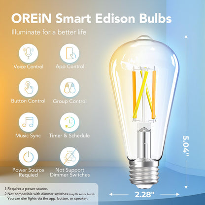 OREiN Smart Edison Light Bulbs with Smart Button, WiFi ST19(58) Vintage Light Bulbs E26 Base, 800lm Dimmable 2700K-6500K Tunable White, Smart Filament Bulb That Work with Alexa, 60W Equivalent, 6Pack
