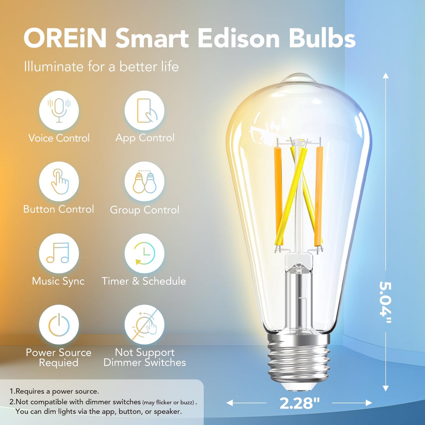 OREiN Smart Edison Light Bulbs with Smart Button, WiFi ST19(58) Vintage Light Bulbs E26 Base, 800lm Dimmable 2700K-6500K Tunable White, Smart Filament Bulb That Work with Alexa, 60W Equivalent, 6Pack