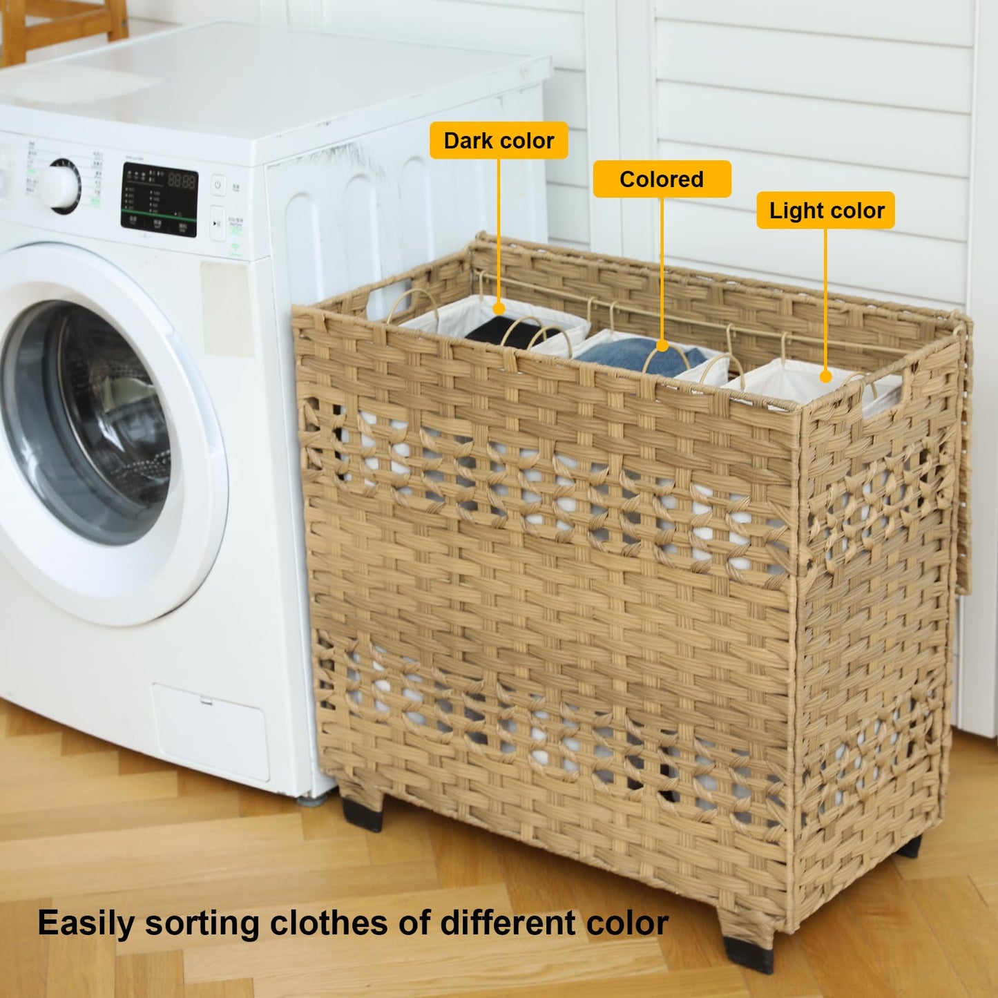 OIAHOMY Laundry Hamper with Lid, 140L Clothes Hamper with 3 Removable Liner Bags, Foldable Basket with Lid, Synthetic Wicker Laundry Basket for Bedroom, 27x 13 x 26 Inches, Yellow