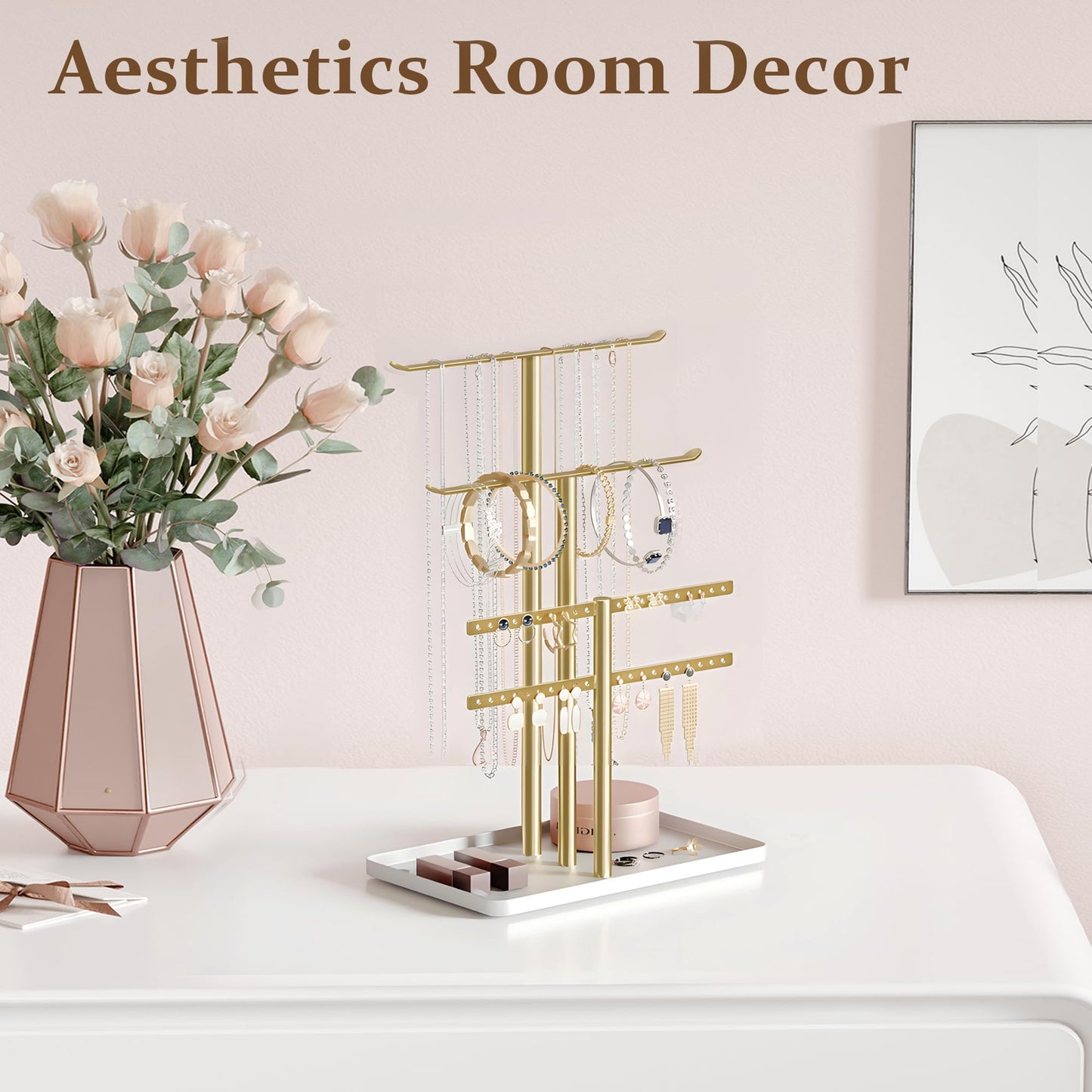 Jewelry Holder Organizer, 12.5'' Tall Sturdy Metal Stand, 3-Tier Jewelry Hanger for Necklace, Earring, Bracelet, Ring, for Display and Storage, Aesthetic Room Decor, Gold Jewlery Tree with White Tray