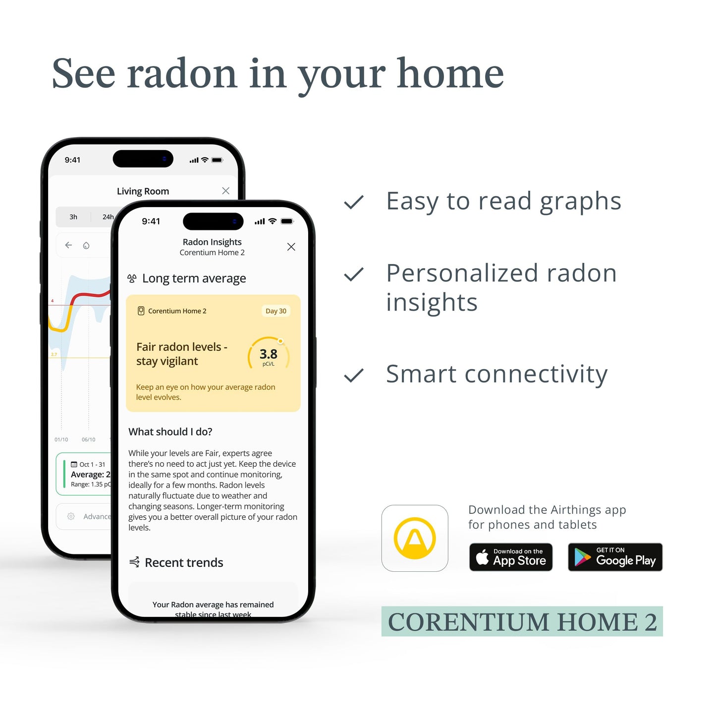 Airthings 325 Corentium Home 2 Smart Digital Radon Detector - Portable and Easy-to-use Radon Testing with Bluetooth connectivity and Humidity & Temperature Sensors