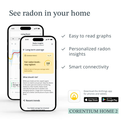 Airthings 325 Corentium Home 2 Smart Digital Radon Detector - Portable and Easy-to-use Radon Testing with Bluetooth connectivity and Humidity & Temperature Sensors