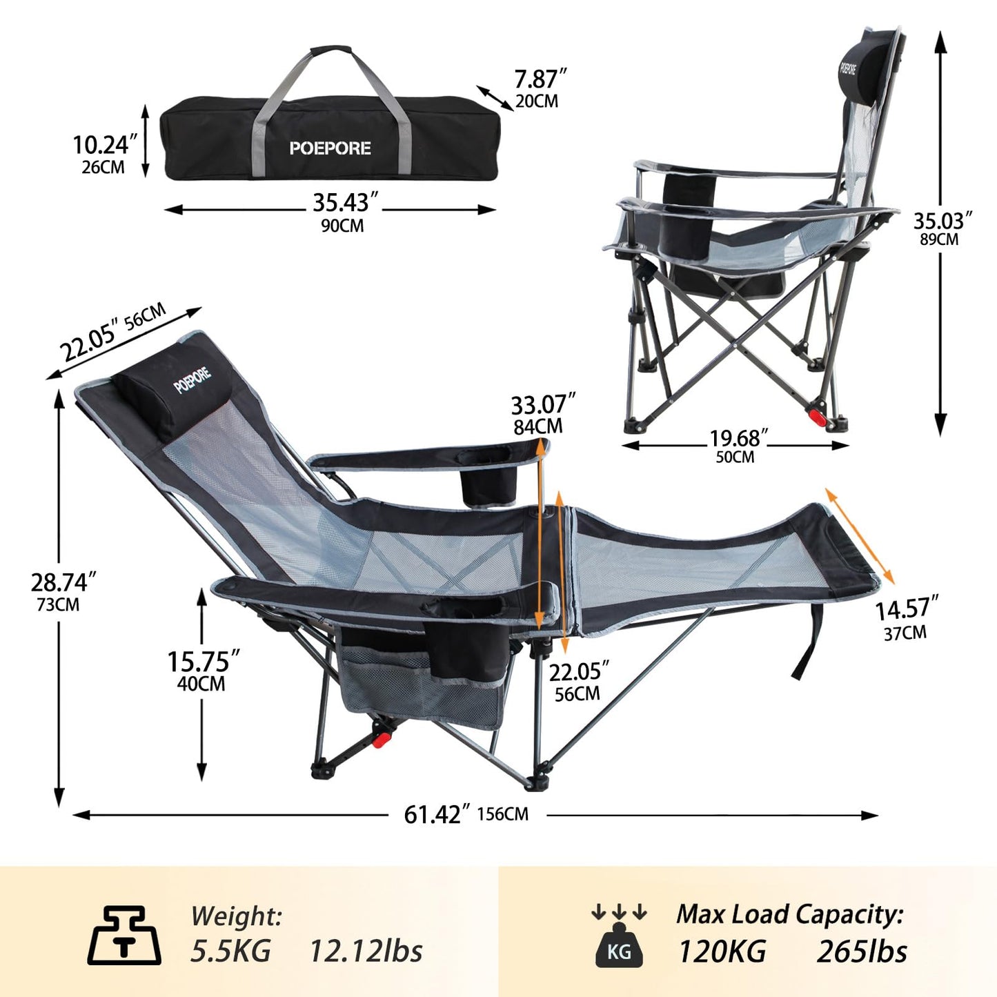 POEPORE Reclining Camping Chair with Removable Footrest Lounge Chair with Headrest, Cotton Cushion, Portable Adjustable Folding Chairs for Adults Black