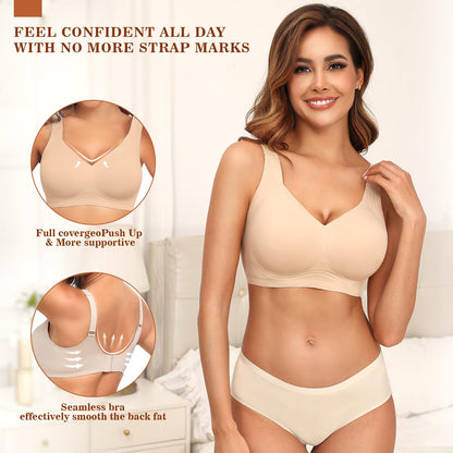 PoseFree Wireless Bras for Women Full Coverage Bra Full Support and Lift No Underwire Back Smoothing Bralette Everyday Bra (Nude,XL)