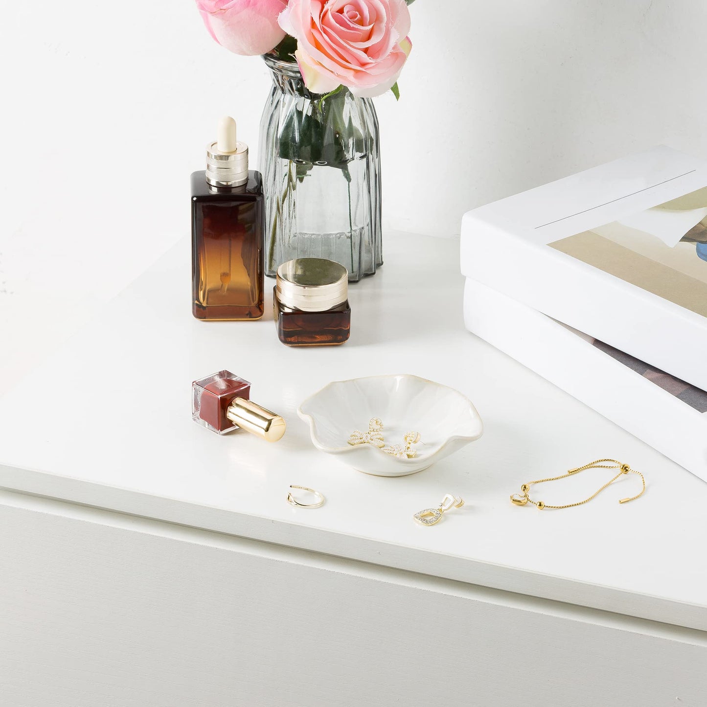 Jewelry Dish Tray, Ring Dish, Ceramic Trinket Tray, Key Bowl, Decorative Plate, for Friends Sisters Daughter Mother (Milky White)