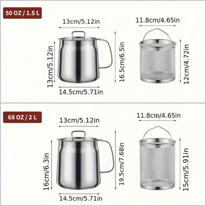 68oz 304 Stainless Steel Deep Fryer Pot with Basket & Strainer, Large Capacity Bacon Grease Container for Kitchen,Frying, Cooking, Camping,Oil Filter Container - Dishwasher Safe (68oz/2L/2.1Qt)