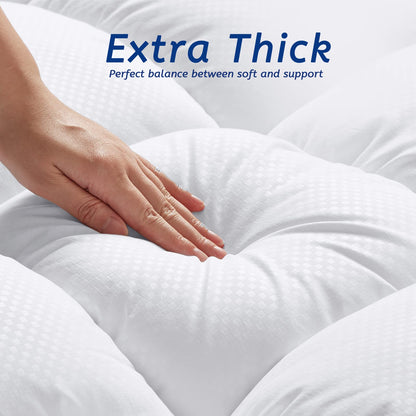 King Size Mattress Topper for Back Pain, Cooling Extra Thick Mattress Pad Cover with 8-21 inch Deep Pocket, Plush Pillow Top Mattress Topper Overfilled with Down Alternative, King Size, White