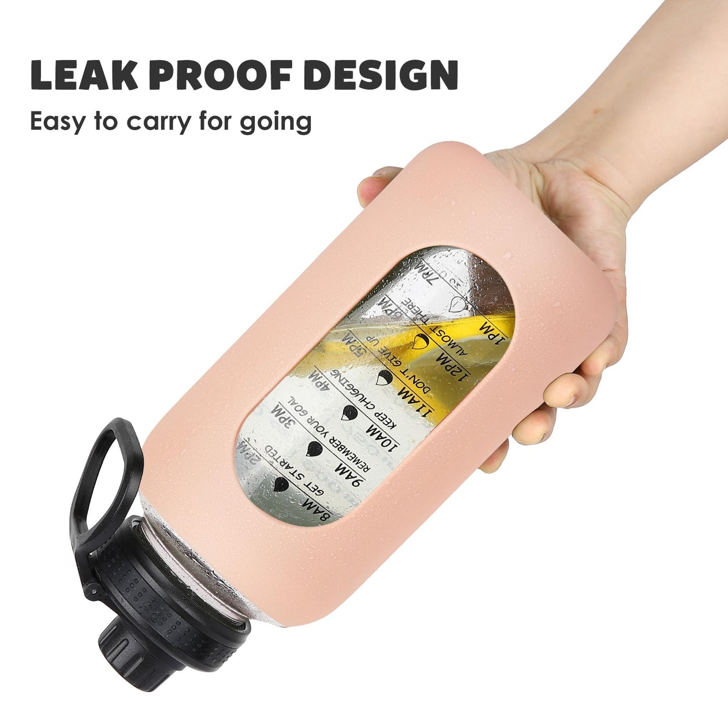 40oz Glass Water Bottle with Handle Lid Time Marker Motivational Sport Water Jug with Silicone Sleeve Water Flask Canteen Wide Mouth Water Bottle for Gym Workout Travel Office Home Everyday Hydration