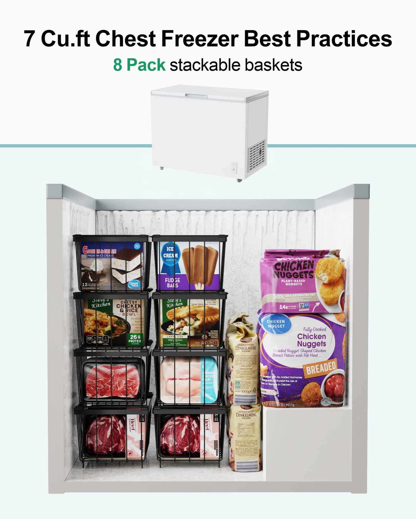 iSPECLE Freezer Organizer Bins - 4 Pack Small Stackable Deep Freezer Organizer Bins for 7 Cu.Ft Freezers Easy Get Bottom Foods without Digging, Chest Freezer Organizer Prevent Frozen Food Waste, Black