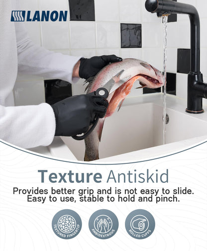 LANON Food Safe Disposable Nitrile Gloves, Latex-Free, Powder-Free, Silicone-Free, Textured Fingertips, Cooking, Black，Medium