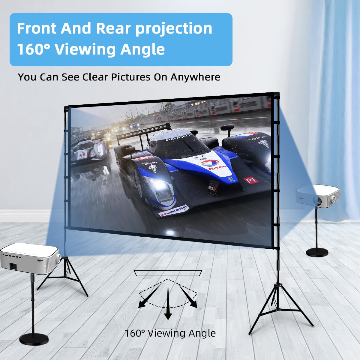 Projector Screen and Stand, Towond 120 inch Portable Projector Screen Indoor Outdoor Movie Screen 16:9 4K HD Wrinkle-Free Lightweight Projection Screen with Carry Bag for Backyard Movie Night