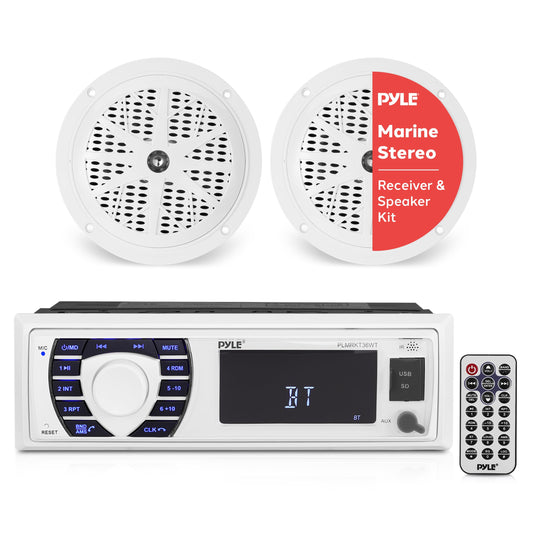 Pyle Marine Receiver & Speaker Kit - In-Dash LCD Digital Stereo Built-in Bluetooth & Microphone w/ AM FM Radio System 5.25’’ Waterproof Speakers (2) MP3/USB/SD Readers & Remote Control - PLMRKT36WT